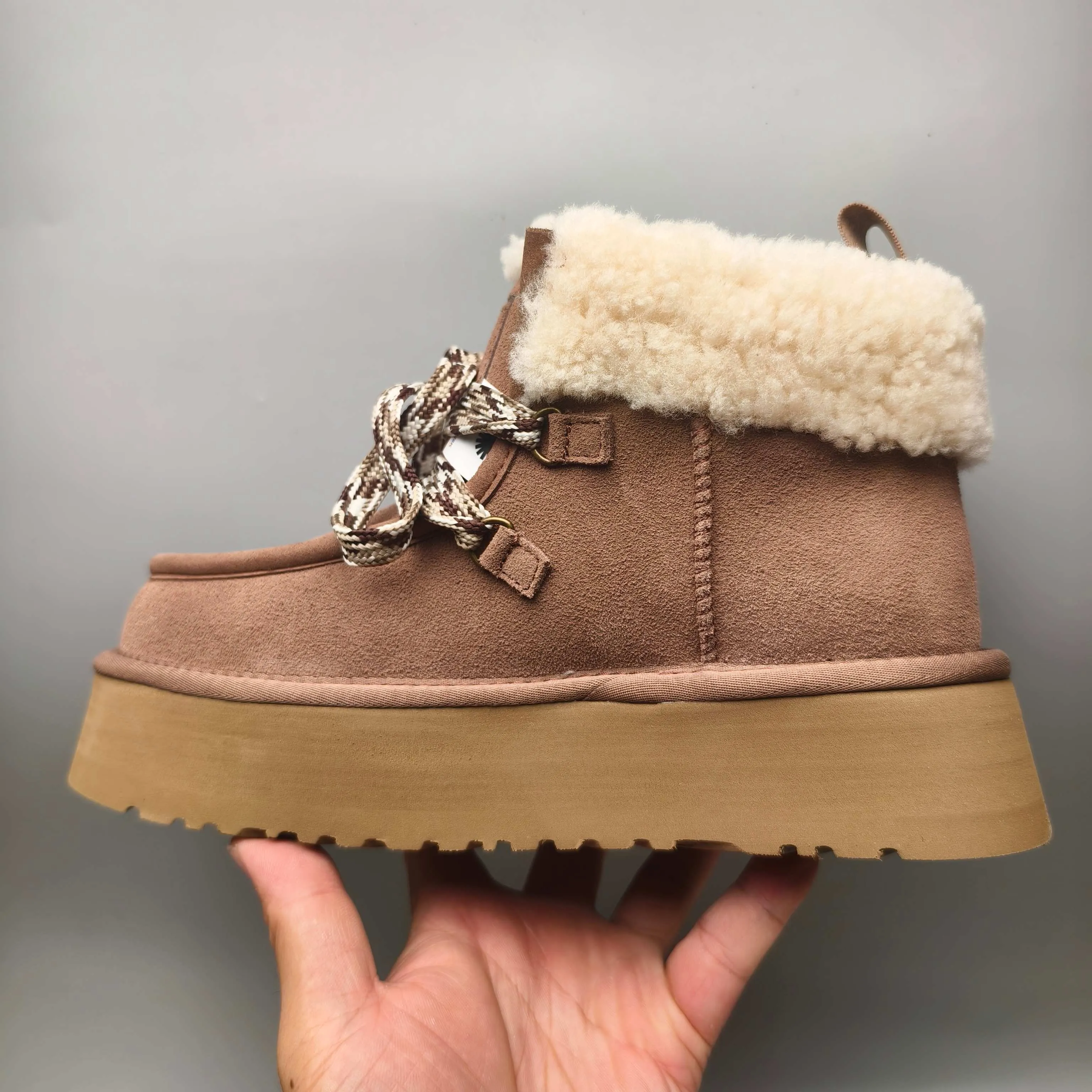 💰560 UGG sheepskin all-in-one snow boots 3954 thick-soled lace-up women's boots Color: Maroon Black Chocolate Brown Gray Size: 35-41